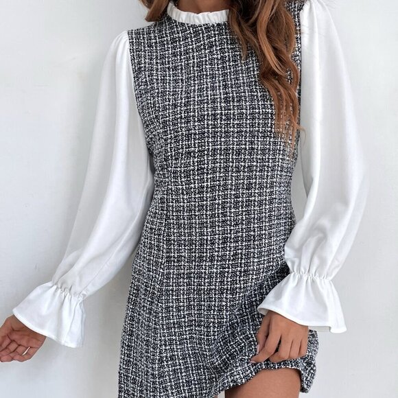 Black and White Elegant Women's Plaid Flounce Sleeve Frill Trim Tweed Dress - Picture 1 of 5